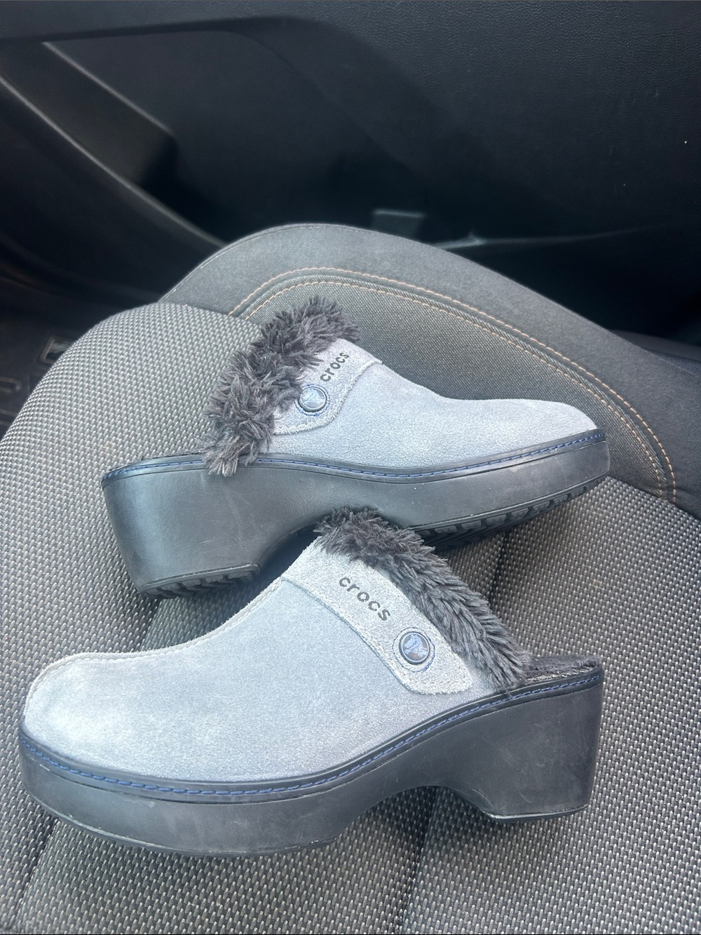 CROCS Gray Suede Fur-Lined Platform Clog Mules